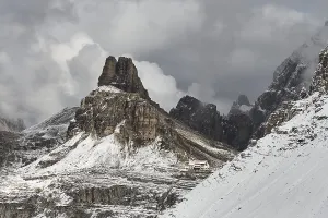 View of the mountains of the Sexten Dolomites with the Dreizinnen Hut