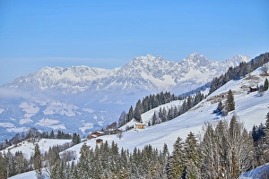 View on to the mountains from Wildpark Aurach in winter