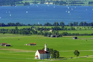View from Neuschwanstein Castle to the pilgrimage church of St Coloman