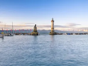 View of the new lighthouse and the Bavarian lion of Lindau