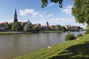 View from New Ulm over the Danube to Ulm with Ulmer Muenster cathedral