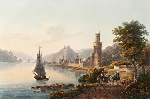 View of Oberwesel on the Rhine, the ruins of Schoenberg, Gutenfels and the Ochsenturm, Rhineland-Palatinate, Germany, view around 1830