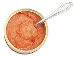 Above view of open can with caviar of coregonus whitefish with spoon isolated on white background