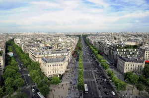 View over Paris with wide street and green trees