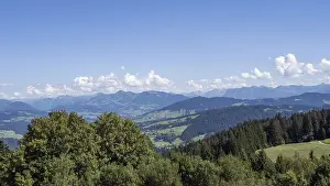 View from the Pfander into the Bregenzerwald and to Alpine peaks