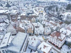 View of the picturesque old town with ornate architecture and snow-covered roofs