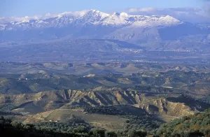 View onto the plains of Sibari and to the snow covered Pollino mountains