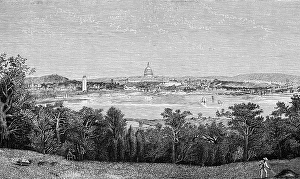 View over the Potomac River to the White House in the capital Washington D.C. seat of the national government, nature, trees, city view, travelling, USA, historical illustration 18888, North America