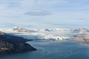 Category Scandinavia Prints: View from the top of Pyramiden Mountain over the fjord to Nordenskioeld Glacier