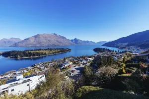 The view over Queenstown towards Cecil Peak on a sunny spring say in Otago