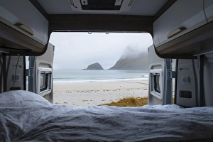 Category Scandinavia Prints: View from the rear of the campervan to beach with turquoise water