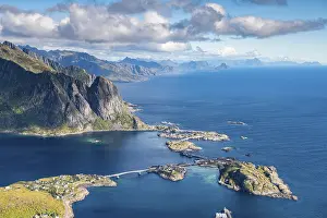 Category Scandinavia Prints: View from Reinebringen mountain to the fishing village Hamnoy