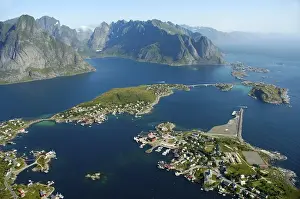 View from Reinebringen on Reine and Reinefjorden with mountains Moskenesoya Lofoten Norway