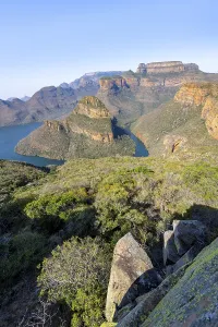 Category Mountain Landscapes Prints: View of river bend at Blyde River Canyon with Three Rondawels peak