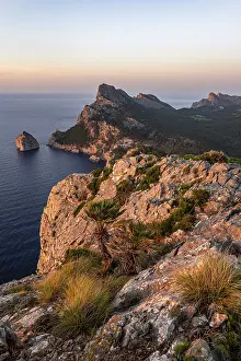 View of rocky cliffs and sea, Cap Formentor