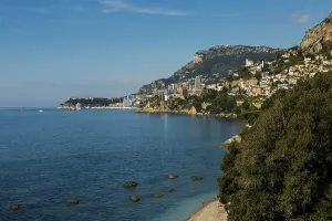 View of Roquebrune and Monaco, Plage du Golfe Bleu