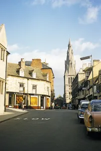 View of Saint Mary's Church from Castle Street, Stamford, Lincolnshire, England, Great Britain, early 1960s