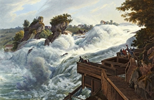 View of the Schaffhausen Rhine Falls from the Fischetz plateau, Switzerland, view around 1830, digitally restored reproduction of a 19th century model by Johann Ludwig Bleuler (12 February 1792 - 28 March 1850), Swiss draughtsman and painter, Europe