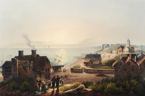 View from Scheveningen to the seaside resorts, Netherlands, view around 1830, digitally restored reproduction of a 19th century model by Johann Ludwig Bleuler (12 February 1792 - 28 March 1850), Swiss draughtsman and painter