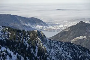 View of Schliersee and the foothills of the Alps in winter with snow