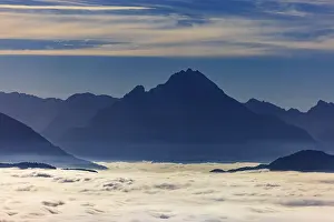 Category Mountain Landscapes Prints: View from Schwarzenberg to a sea of fog in the Salzach valley with Watzmann