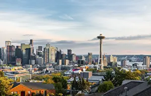 View over Seattle skyline with observation tower Space Needle