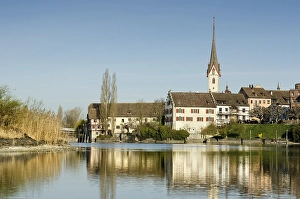 View as seen from Werd island across the Rhine river with the historic district of Stein am Rhein