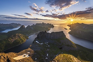 Category Mountain Landscapes Prints: View over Senja's fjords and mountain peaks under the midnight sun