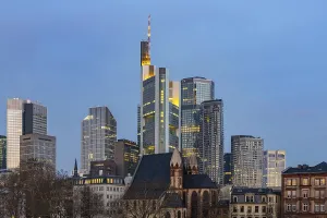 View of the skyline through the streets of a financial district