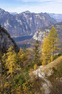 View from the slopes of the Dachstein mountains to the hiking trail to the ice cave