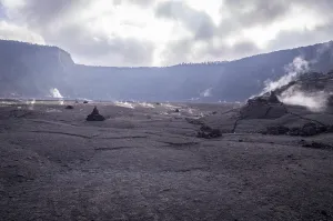 View of smoking big crater in Volcanoes National Park