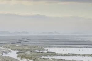 View over the snow-covered dune landscape of Norddeich