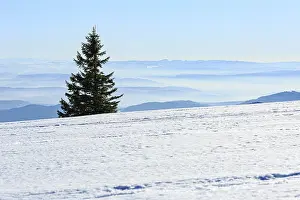 View from the snow-covered summit of the Belchen to mountain ranges and alpine chain Black Forest