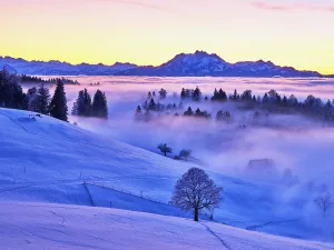 View of the snow-covered Zugerberg
