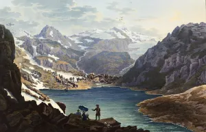 View of the source of the Anterior Rhine, Lake Toma, on Mount Badus, Canton Graubuenden in the Swiss Alps, Switzerland, view around 1830