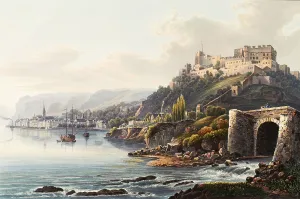 View from St. Goarshausen and the Rheinfels ruins to the Loreley rock, Rhineland-Palatinate, Germany, view around 1830, digitally restored reproduction of a 19th century model by Johann Ludwig Bleuler (12 February 1792 - 28 March 1850)