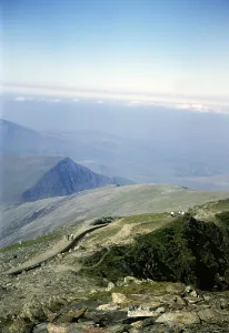 View from the summit of Mount Snowdon, Snowdonia, North Wales, Great Britain 1966