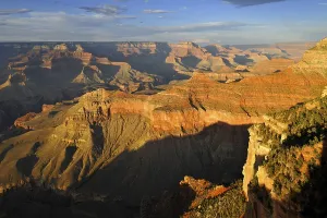 View at sunset from Yavapai Point lookout towards Vishnu Temple