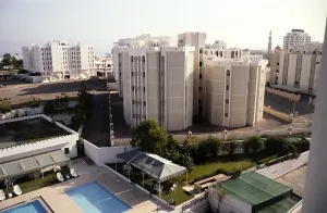 View of the swimming pool from the Holiday Inn Hotel, Muscat, Oman 1998