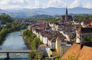 View from the Taborberg to the river Steyr and the old town with parish church