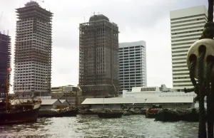 View from Telok Ayer Basin, construction of high-rise skyscrapers, Shenton Way, Singapore, south east Asia c 1972 - left to right, UIC Building 1973, Shenton House 1973, Shing Kwan House 1973, Robina House 1971, Asia