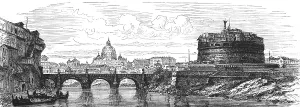 View over the Tiber Bridge, Aelius Bridge or Ponte Sant'Angelo, to St Peter's Basilica of the Vatican and Castel Sant'Angelo, in Rome, historical pedestrian bridge built 134 AD, Geography, Italy, historical illustration 1888, Europe