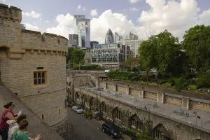 View from The Tower of London showing a blend of historic and modern architecture in the City of London