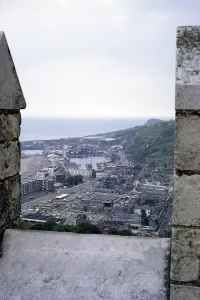 View of the town centre and harbour from the ramparts of Dover Castle, Dover, Kent, England, 1969