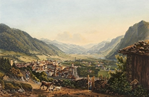 View of the town of Chur and its surroundings, Graubuenden, Switzerland, view around 1830, digitally restored reproduction of a 19th century model by Johann Ludwig Bleuler (12 February 1792 - 28 March 1850), Swiss draughtsman and painter, Europe