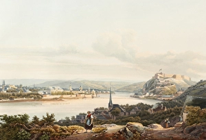 View of the town of Koblenz and Ehrbreitstein Fortress, Rhineland-Palatinate, Germany, view from around 1830, digitally restored reproduction of a 19th century model by Johann Ludwig Bleuler (12 February 1792 - 28 March 1850)