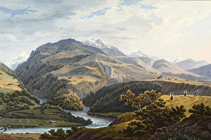 View of the union of the two branches of the Upper Rhine and the Middle Rhine, taken at Disentis Abbey, a Benedictine abbey in Disentis in the canton of Graubuenden in Switzerland, view from around 1830