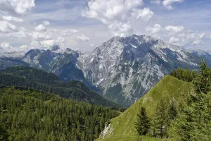 View over the unspoilt nature in the Berchtesgaden National Park to the Watzmann with the Watzmann East Face