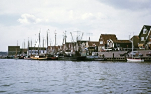View of the village and the fishing boats from the sea, Volendam, Netherlands 1973