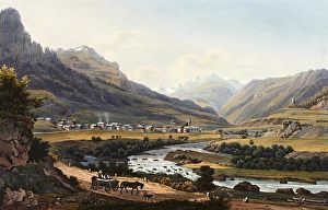 View of the village of Zillis in the Schamsertal valley, coming from Via Mala, Canton of Graubuenden, Switzerland, view from around 1830